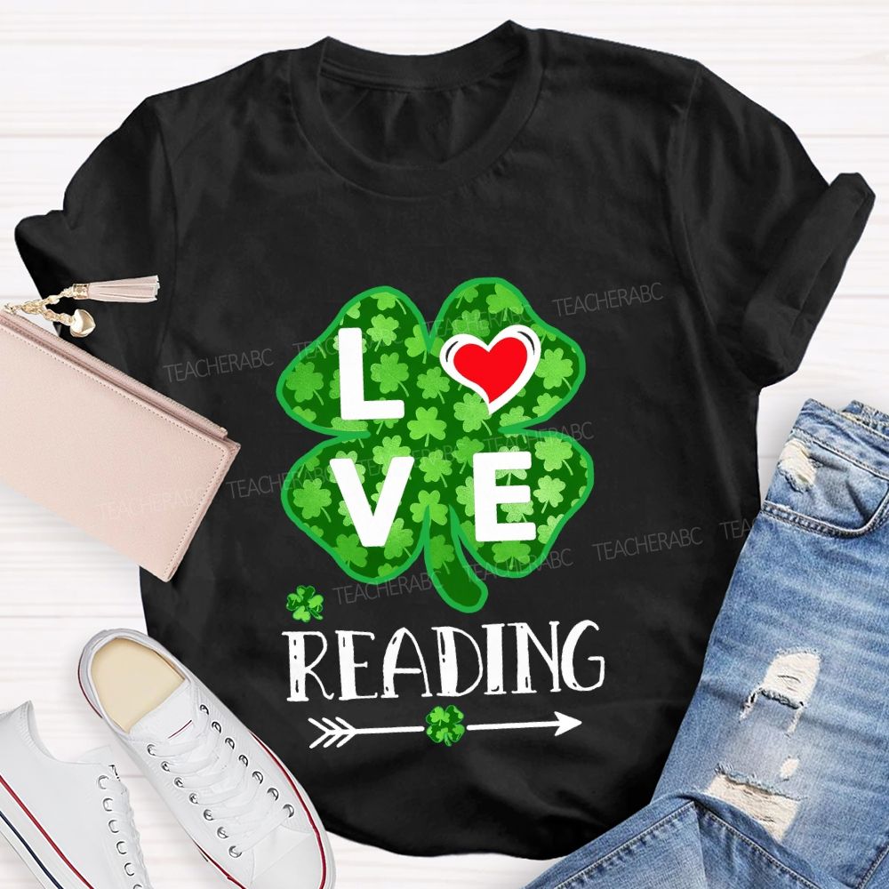 Love Reading With Heart  Lucky Clover T-Shirt