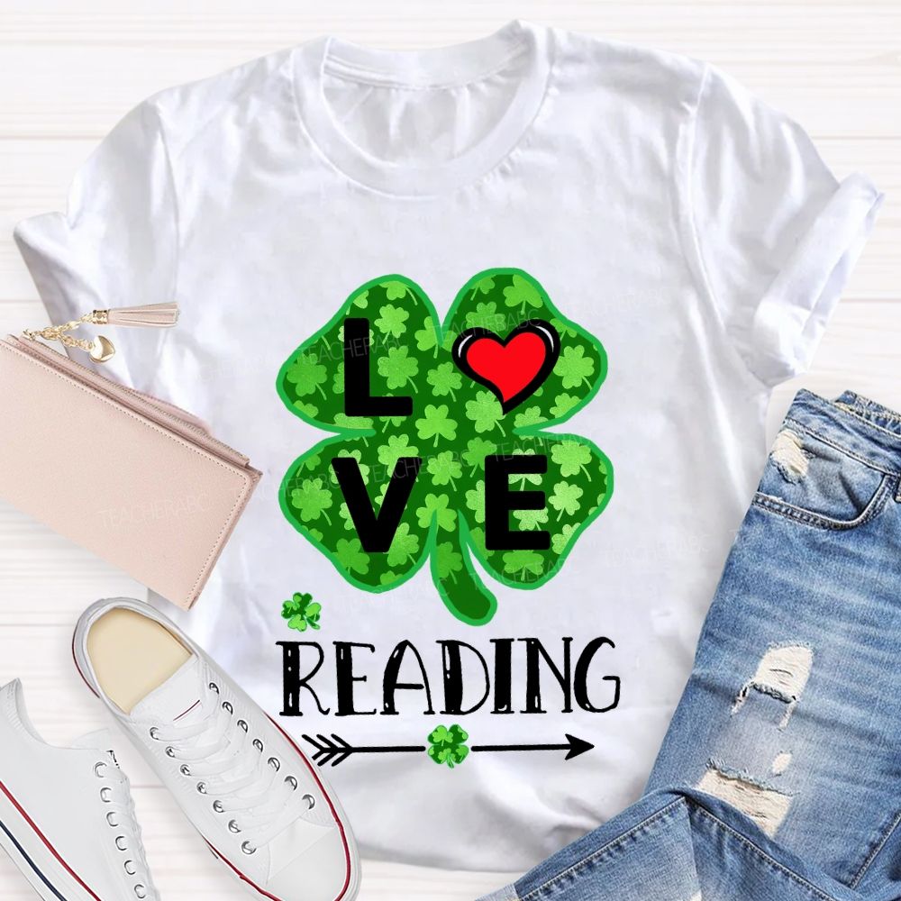 Love Reading With Heart  Lucky Clover T-Shirt