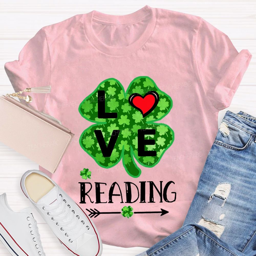 Love Reading With Heart  Lucky Clover T-Shirt