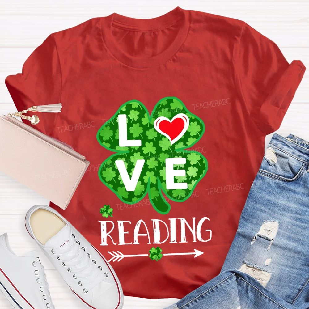 Love Reading With Heart  Lucky Clover T-Shirt