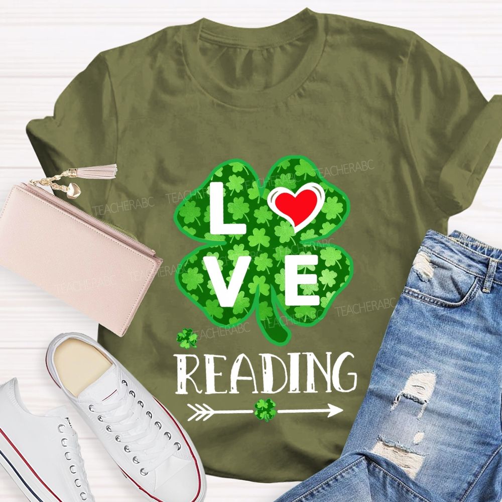 Love Reading With Heart  Lucky Clover T-Shirt