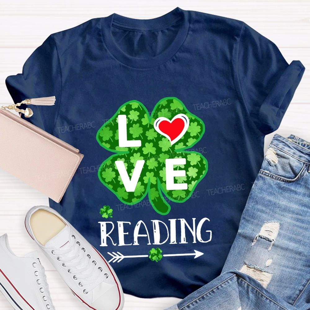 Love Reading With Heart  Lucky Clover T-Shirt