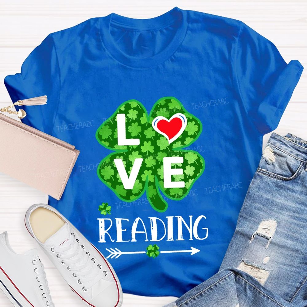 Love Reading With Heart  Lucky Clover T-Shirt