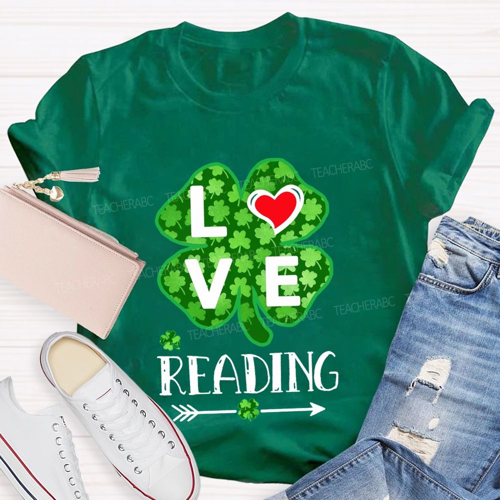 Love Reading With Heart  Lucky Clover T-Shirt