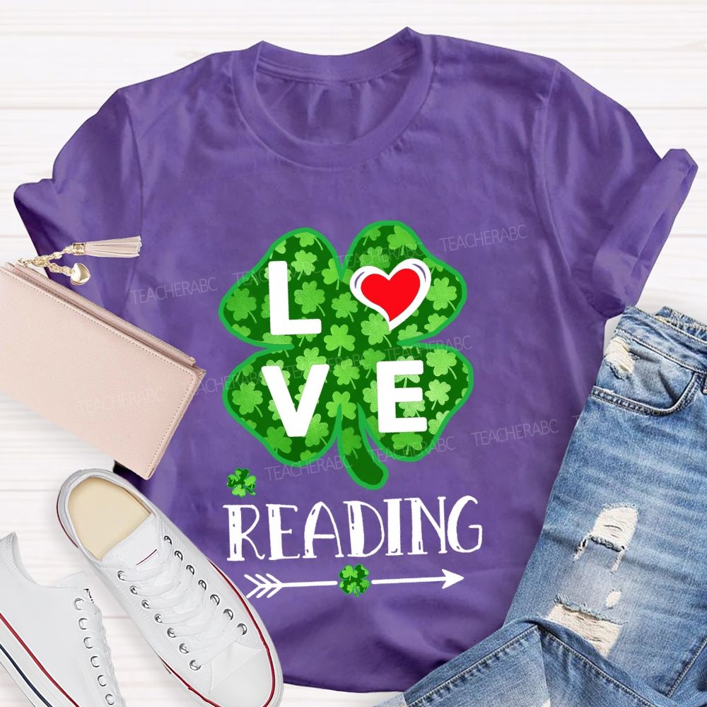 Love Reading With Heart  Lucky Clover T-Shirt