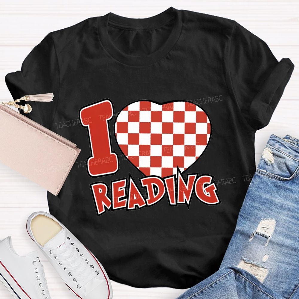 I Love Reading Checkered Heart T-Shirt