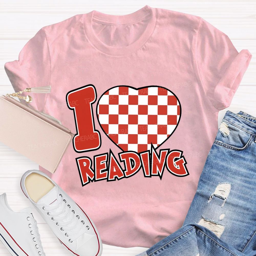 I Love Reading Checkered Heart T-Shirt