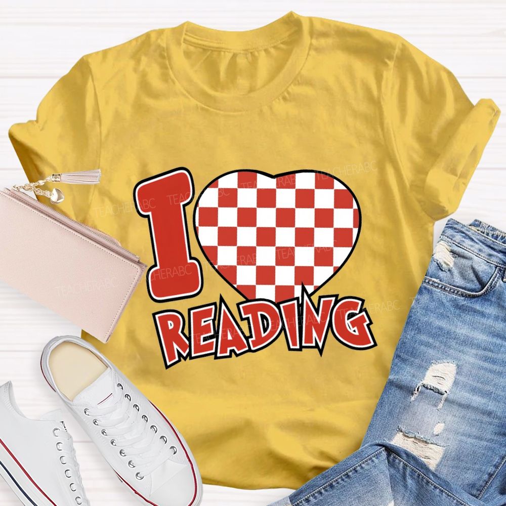 I Love Reading Checkered Heart T-Shirt