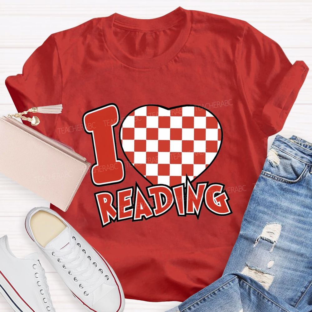 I Love Reading Checkered Heart T-Shirt