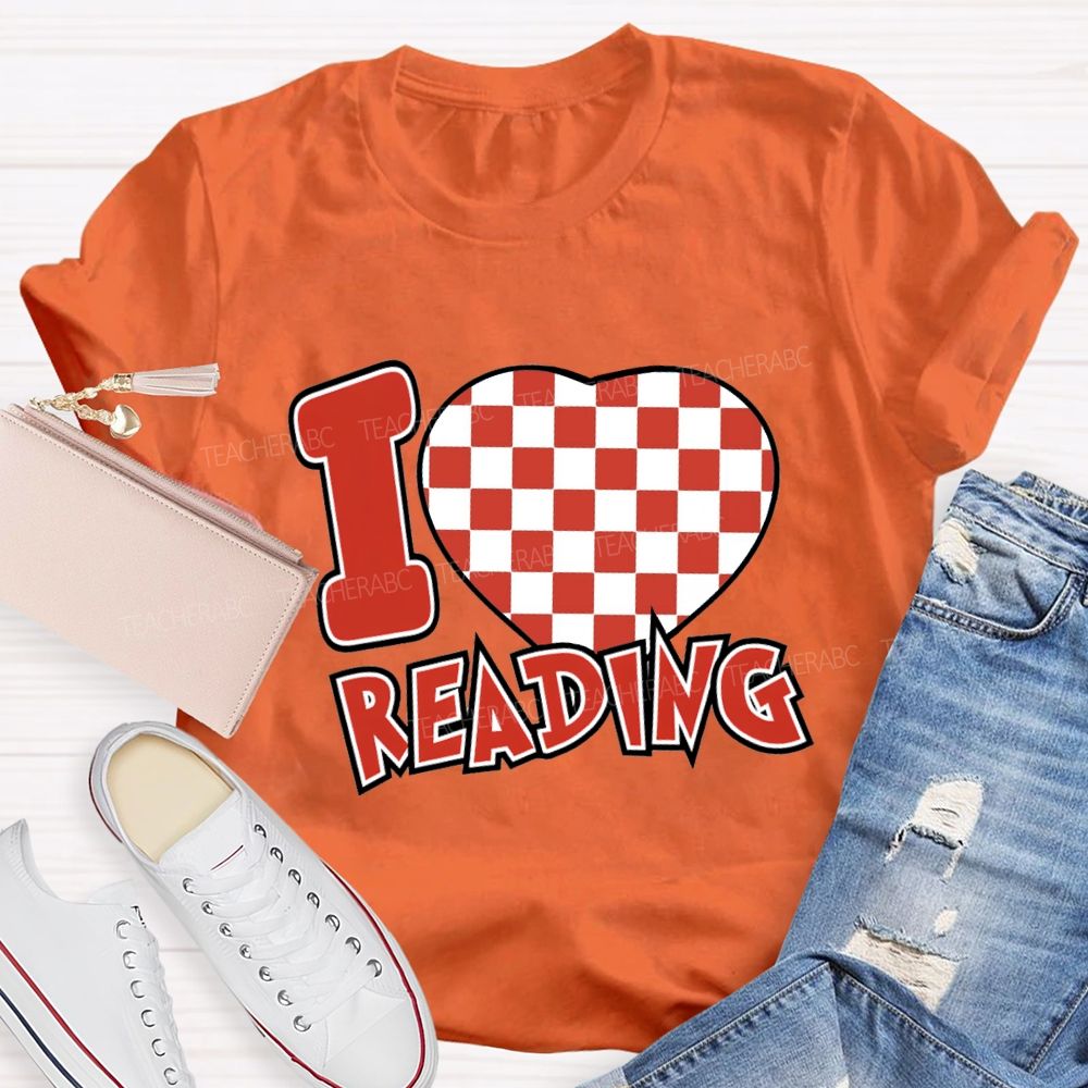 I Love Reading Checkered Heart T-Shirt