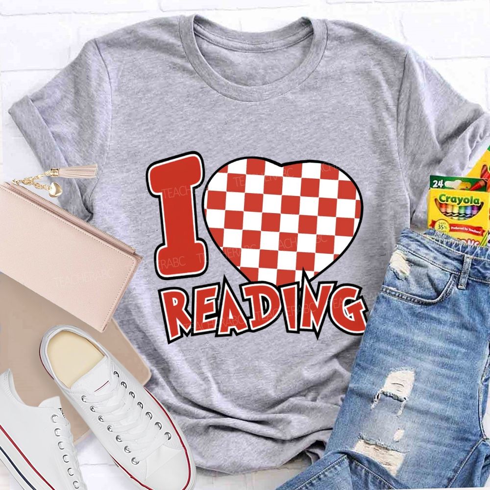 I Love Reading Checkered Heart T-Shirt