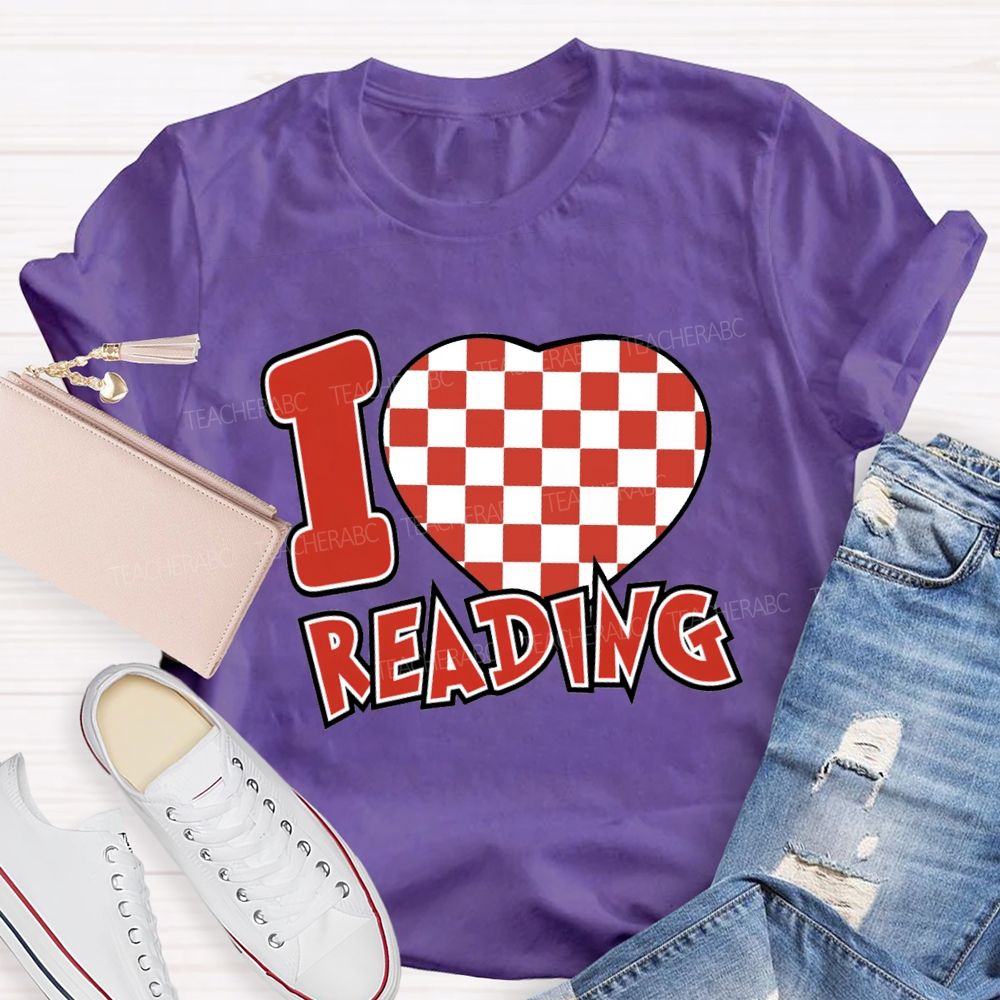 I Love Reading Checkered Heart T-Shirt