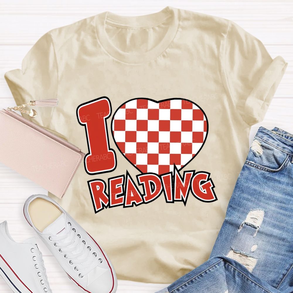 I Love Reading Checkered Heart T-Shirt