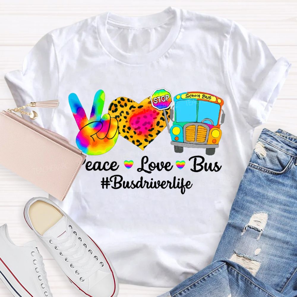 Peace Love School Bus School Bus Driver Life Leopard Print Heart T-shirt
