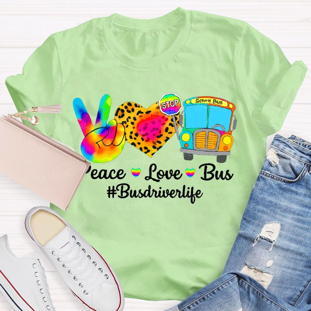 Peace Love School Bus School Bus Driver Life Leopard Print Heart T-shirt