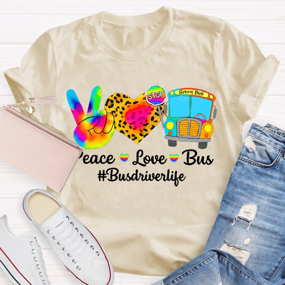 Peace Love School Bus School Bus Driver Life Leopard Print Heart T-shirt