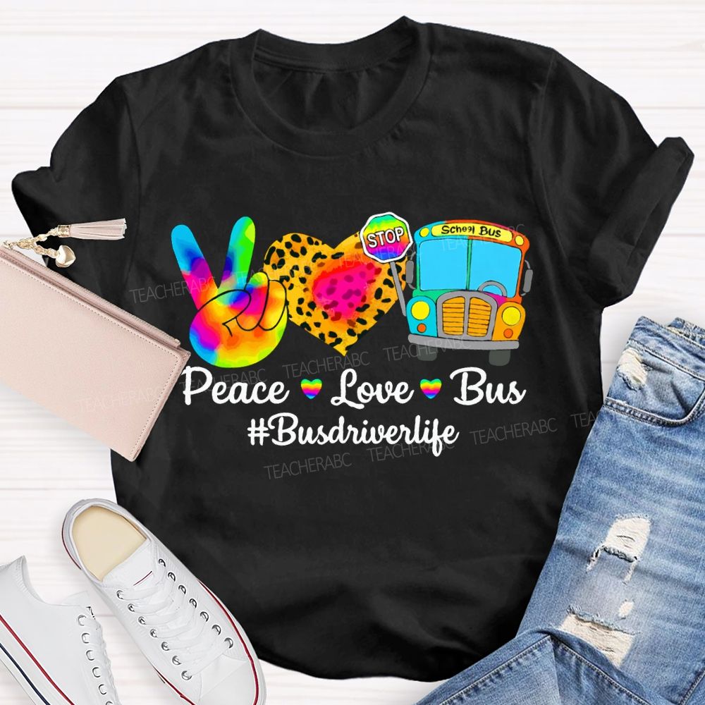 Peace Love School Bus School Bus Driver Life Leopard Print Heart T-shirt
