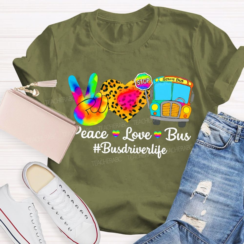 Peace Love School Bus School Bus Driver Life Leopard Print Heart T-shirt