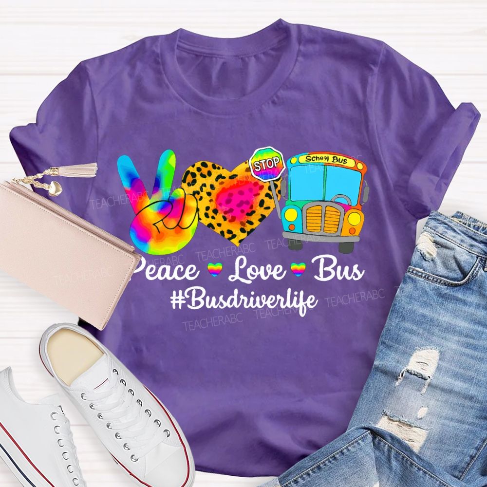 Peace Love School Bus School Bus Driver Life Leopard Print Heart T-shirt