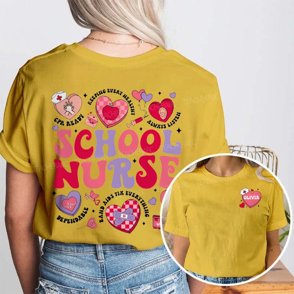 Personalized Name School Nurse Valentine'S Day Double Printed T-shirt