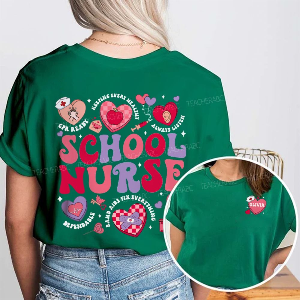 Personalized Name School Nurse Valentine'S Day Double Printed T-shirt