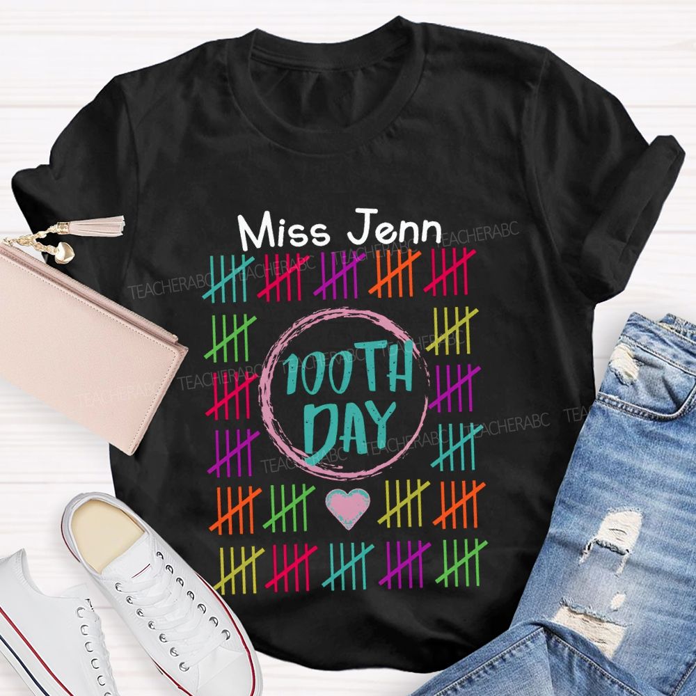 Personalized Name 100th Day Colorful Line Prints T-shirt