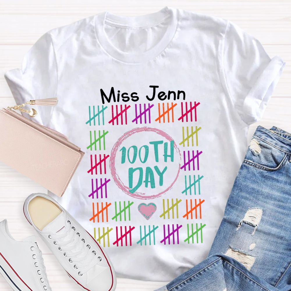 Personalized Name 100th Day Colorful Line Prints T-shirt