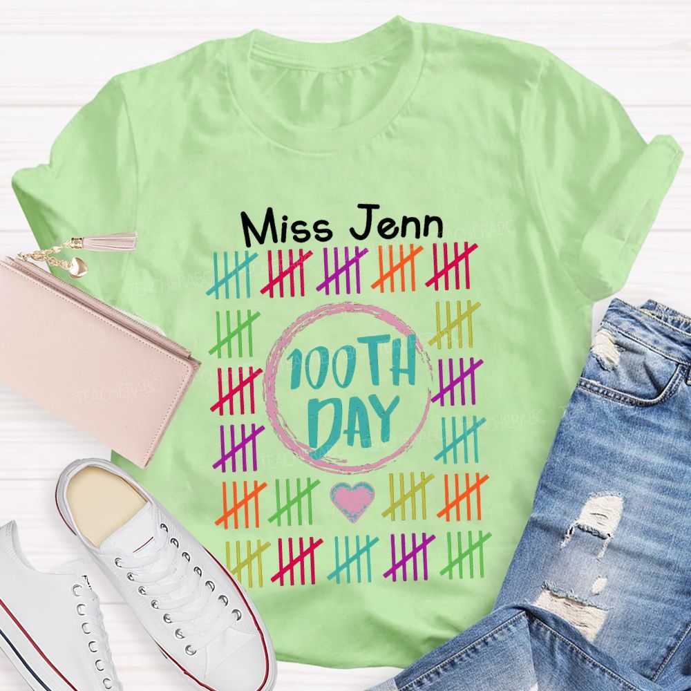 Personalized Name 100th Day Colorful Line Prints T-shirt