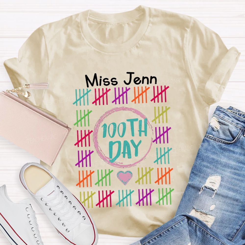 Personalized Name 100th Day Colorful Line Prints T-shirt