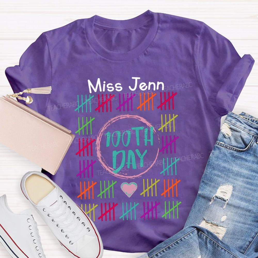 Personalized Name 100th Day Colorful Line Prints T-shirt