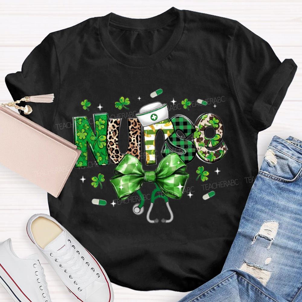 School Nurse Bow And Leopard Print Font Saint Patrick'S Day T-shirt