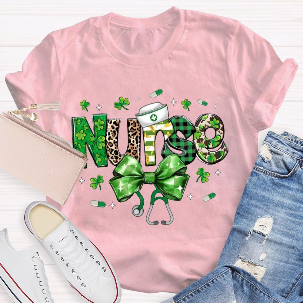 School Nurse Bow And Leopard Print Font Saint Patrick'S Day T-shirt