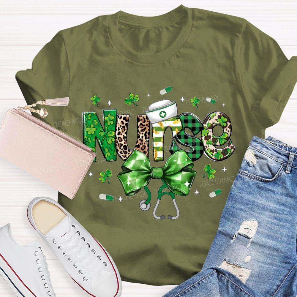 School Nurse Bow And Leopard Print Font Saint Patrick'S Day T-shirt