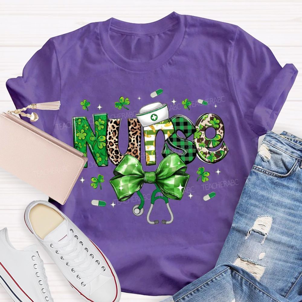 School Nurse Bow And Leopard Print Font Saint Patrick'S Day T-shirt