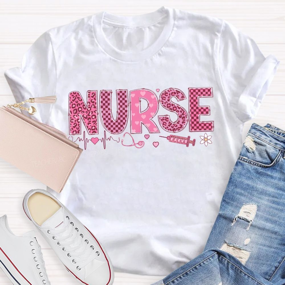 School Nurse Leopard Print And Checkered Font Valentine'S Day T-shirt