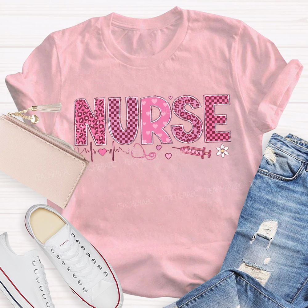 School Nurse Leopard Print And Checkered Font Valentine'S Day T-shirt