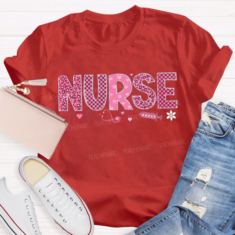 School Nurse Leopard Print And Checkered Font Valentine'S Day T-shirt