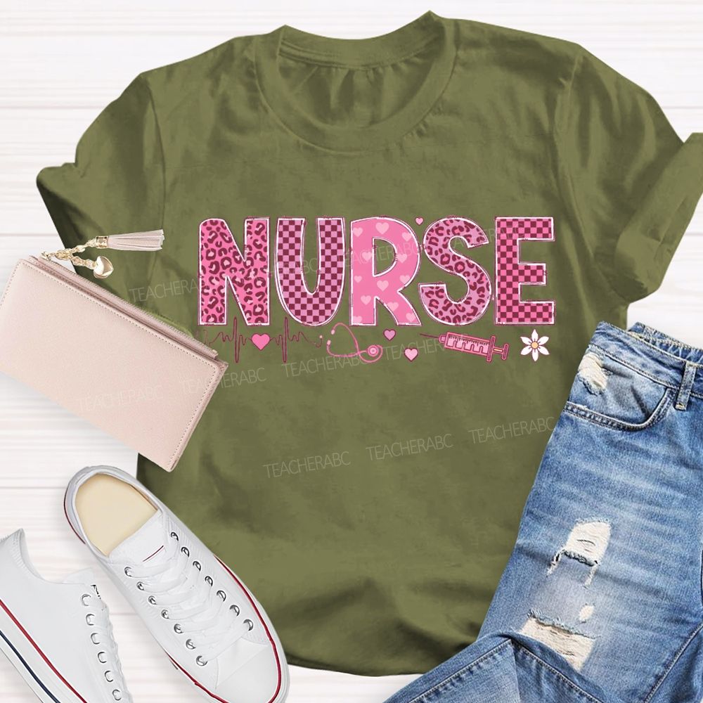 School Nurse Leopard Print And Checkered Font Valentine'S Day T-shirt