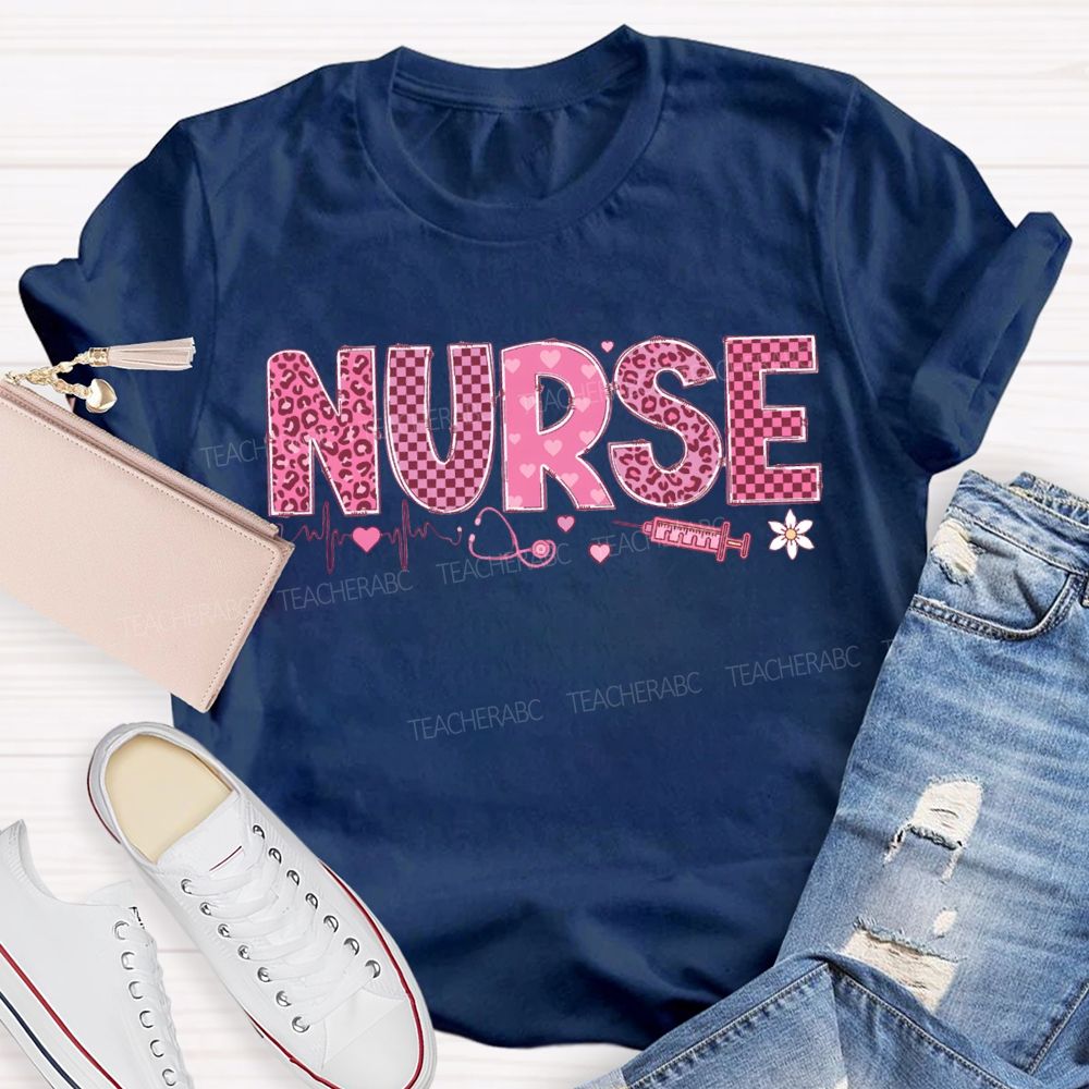 School Nurse Leopard Print And Checkered Font Valentine'S Day T-shirt