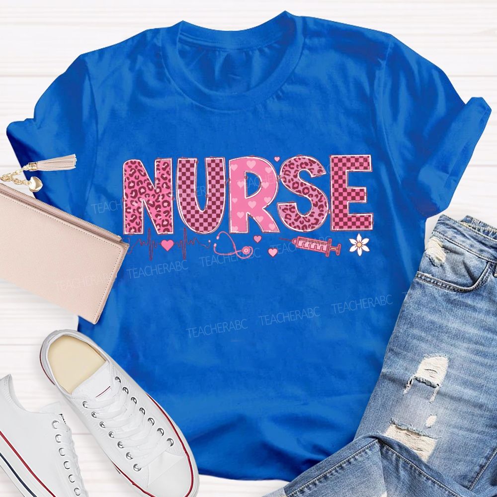 School Nurse Leopard Print And Checkered Font Valentine'S Day T-shirt