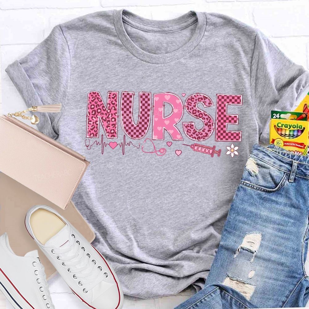School Nurse Leopard Print And Checkered Font Valentine'S Day T-shirt