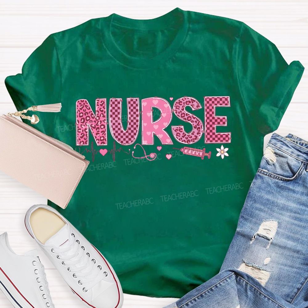 School Nurse Leopard Print And Checkered Font Valentine'S Day T-shirt