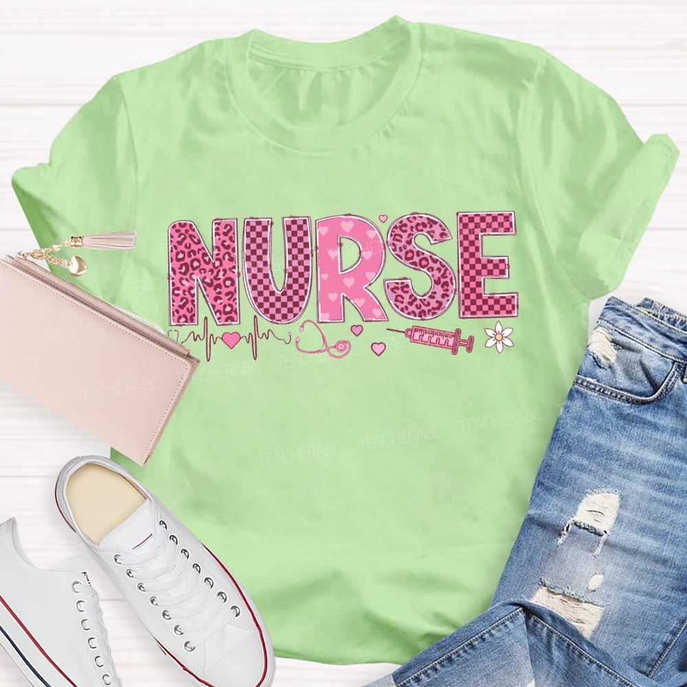 School Nurse Leopard Print And Checkered Font Valentine'S Day T-shirt