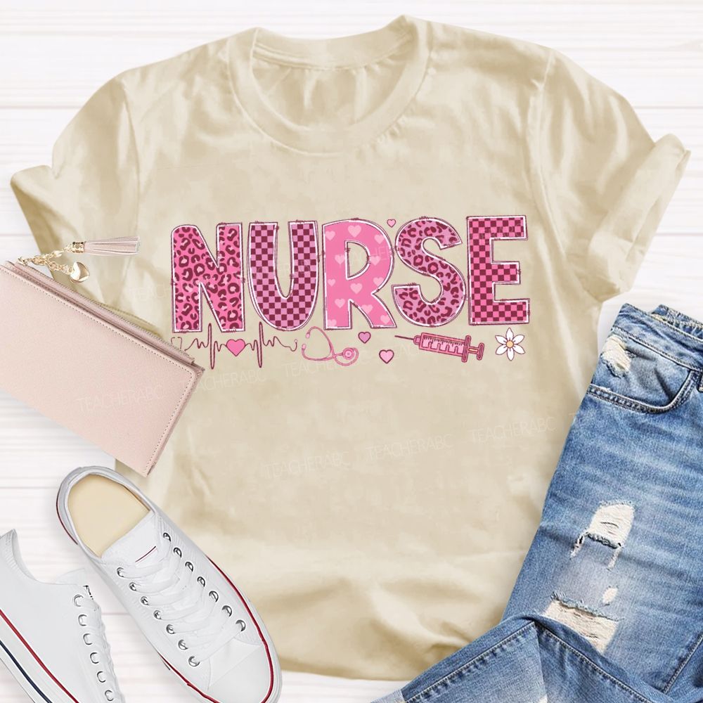 School Nurse Leopard Print And Checkered Font Valentine'S Day T-shirt
