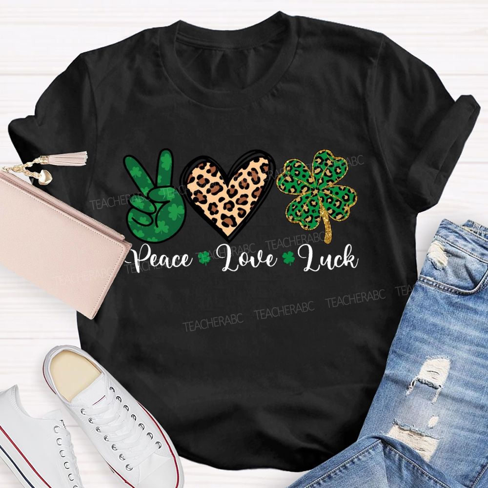Peace Love Luck Leopard Print Hearts And Four-Leaf Clover T-shirt