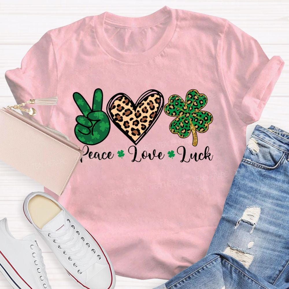 Peace Love Luck Leopard Print Hearts And Four-Leaf Clover T-shirt