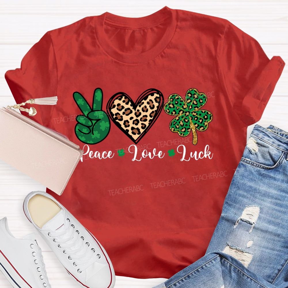 Peace Love Luck Leopard Print Hearts And Four-Leaf Clover T-shirt
