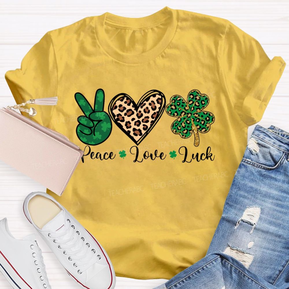 Peace Love Luck Leopard Print Hearts And Four-Leaf Clover T-shirt