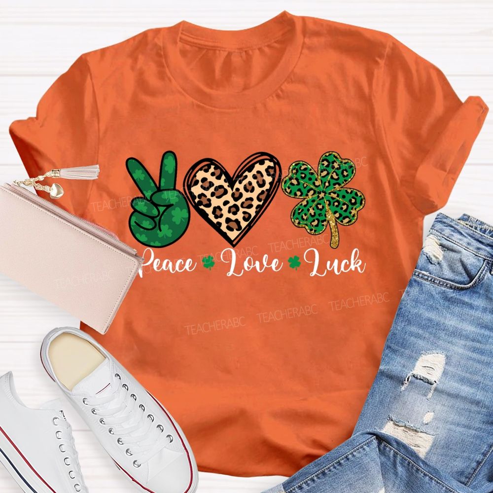 Peace Love Luck Leopard Print Hearts And Four-Leaf Clover T-shirt