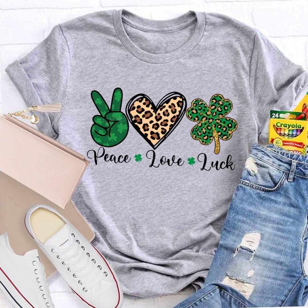Peace Love Luck Leopard Print Hearts And Four-Leaf Clover T-shirt